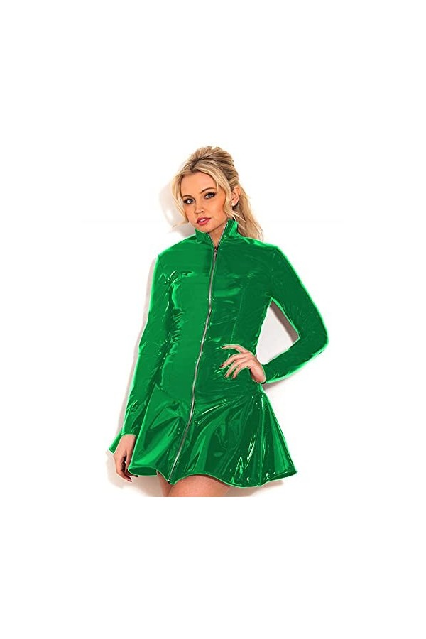 UUKR Manches longues A-Line Robe PVC Femmes Sexy Full Full Fermeture fermeture à glissière Vestine Glossy Stand Collier Clubw