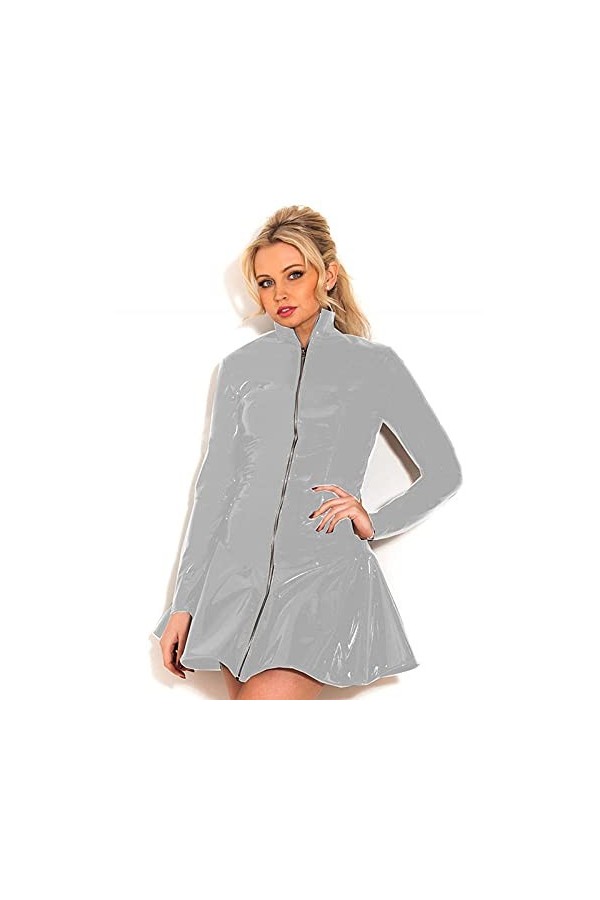 UUKR Manches longues A-Line Robe PVC Femmes Sexy Full Full Fermeture fermeture à glissière Vestine Glossy Stand Collier Clubw