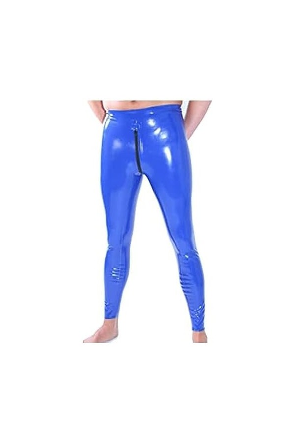 IDOBLO Pantalon Moulant Taille Haute en Latex Bleu Marine pour Homme avec Fermeture Éclair Noire,Noir,XS