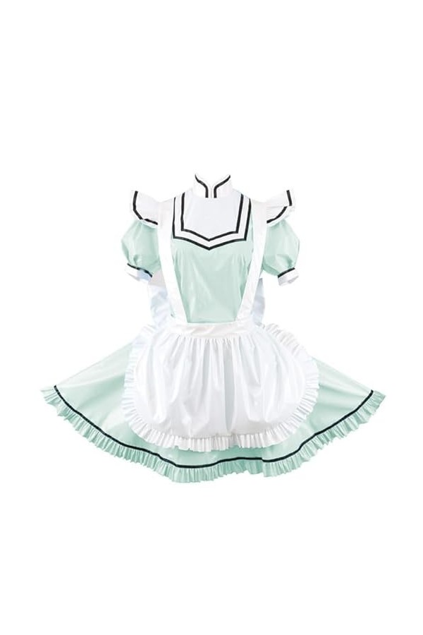 JQYTEN Sissy Shiny PVC Peter Pan Collar A-Line Dress Cosplay Exotic Maid Dress with Apron Wet Look Glossy Leather Mini Pleate