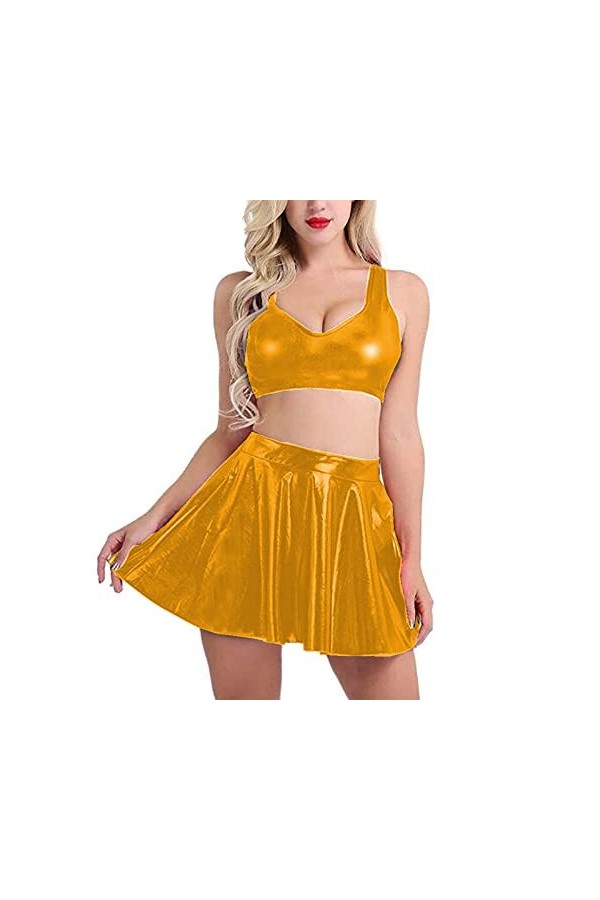 Ensemble de 2 pièces de robe métallique brillante pour femme - Haut court sans manches avec jupe plissée taille haute - Look 