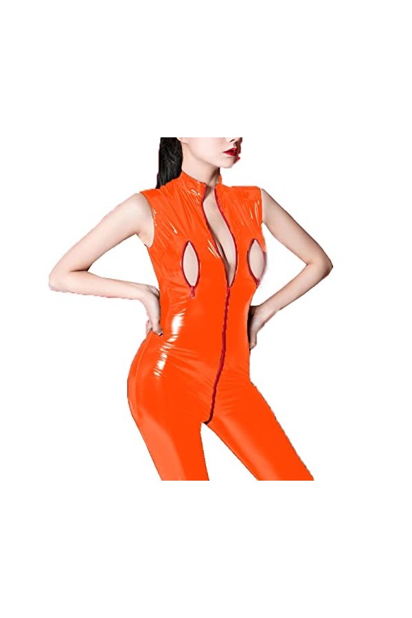 Barboteuse skinny à manches longues pour femme - Combinaison sexy en similicuir - Effet mouillé - En PVC - Avec poitrine ouve