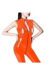 Barboteuse skinny à manches longues pour femme - Combinaison sexy en similicuir - Effet mouillé - En PVC - Avec poitrine ouve