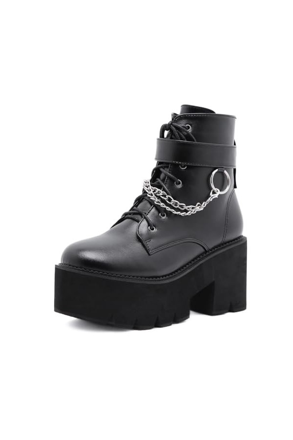 PROMI Talon Aiguille Chaussures À Talons Hauts Et À Chaîne À Fond Épais Pour Femmes Bottes De Cheville À La Mode-black||40