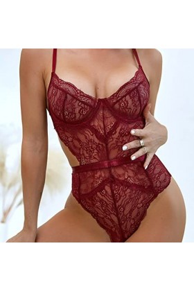 GFDFD Plus taille érotique sexy one pièces lingerie denterie broderie bodySuit transparent sexe robe femme maille Color : A,