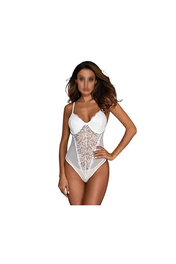 ATsuyo ASuyo sous-vêtements Dentelle Maille Transparente Sexy Halter Col V Pyjama Une Pièce Femme Color : D, Size : S Code 