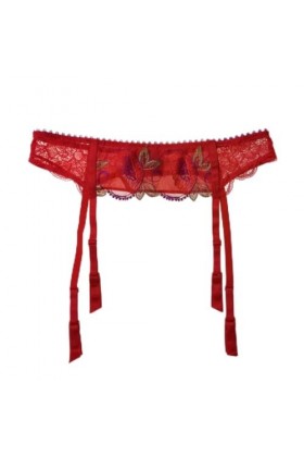 TONZN Bas Jarretelles en Dentelle Rouge brodée avec Boucle en métal pour Femme, Lingerie Sexy pour Mariage Couleur : Rosso, 