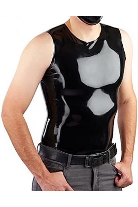 Noir Latex Hommes Débardeur Classique Chemise Col Ras Du Cou Sans Manches Costume Homme Tops Caoutchouc O-Cou Gilet À La Main