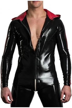 Sexy Black Mens Latex Top Jacket Hoodie Tight Open Front Zipper Custom,Couleur Personnalisée,XX-Grand