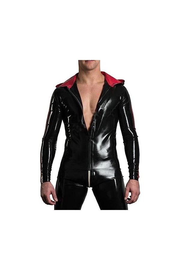 Sexy Black Mens Latex Top Jacket Hoodie Tight Open Front Zipper Custom,Couleur Personnalisée,XX-Grand