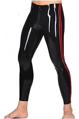Leggings En Latex Sexy Noir Et Rouge Avec Deux Rayures Sur Les Côtés Fermetures À Glissière Avant À Arrière Pantalons En Caou