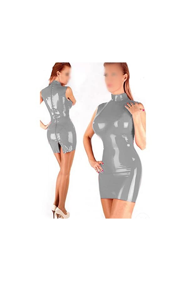 Mini robe moulante sans manches à col haut pour femmes, robe de soirée brillante, dos zippé, robe sexy en PVC, rouge foncé, 5