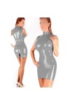 Mini robe moulante sans manches à col haut pour femmes, robe de soirée brillante, dos zippé, robe sexy en PVC, rouge foncé, 5