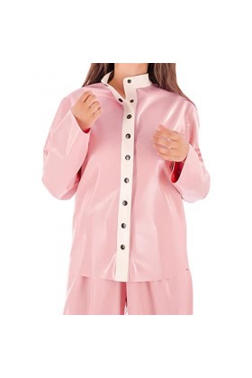 Pyjama en latex à manches longues, col haut, chemises en caoutchouc lâche, chemisiers, top vêtements, bébé rose W blanc, femm