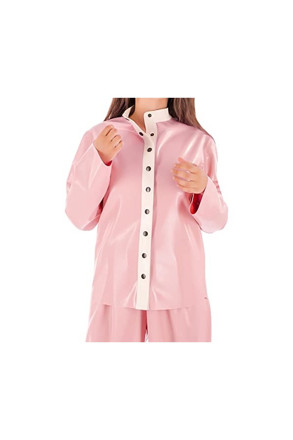 Pyjama en latex à manches longues, col haut, chemises en caoutchouc lâche, chemisiers, top vêtements, bébé rose W blanc, femm