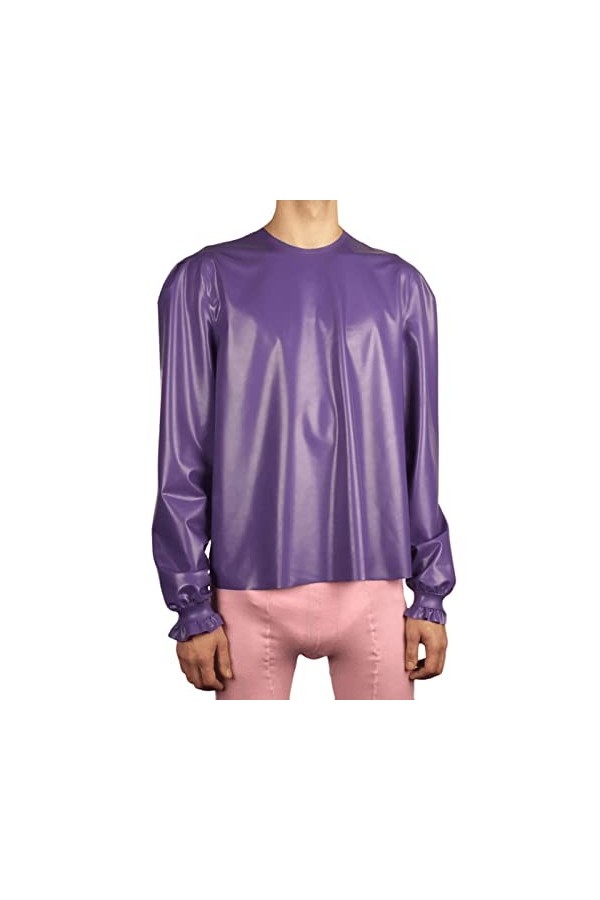 Pyjama sexy en latex violet avec volants aux poignets et manches longues en caoutchouc, violet, homme XL