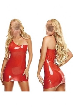 PODSI Robe en Latex, vêtements en Latex, Lingerie, Mini-Robe en Latex à Une épaule dénudée, Rose, S