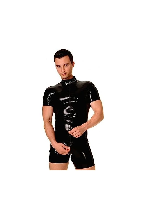 Sexy Black One-Pieces T-shirt En Latex Pour Homme Short En Latex Avec Fermeture Éclair Sur Le Devant,Rouge,XXL