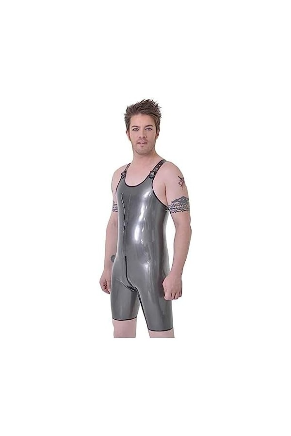 Sexy Silver Men Latex Catsuit Collants Bretelles Réglables Avec Fermeture À Glissière À Lentrejambe,Argent,Petit
