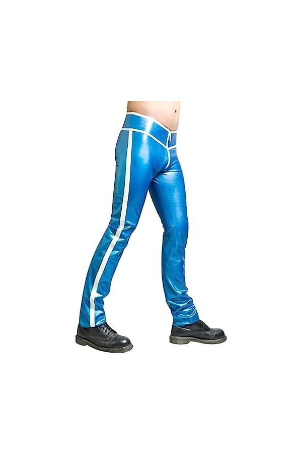 Bleu Perle Avec Rayure Blanche Sexy Leggings En Latex Avant Fermeture À Glissière Complète Pantalon En Caoutchouc Jean Pantal