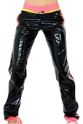 Noir Et Jaune Rose Garnitures Sexy Leggings En Latex Avec Poches Laçage Avant Pantalon En Caoutchouc Pantalon,Noir Jaune Rose