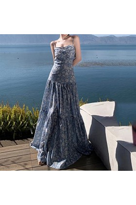 SDFGH Exponny-Back Klänning Kvinnlig Blomma Axelklänning Kuststrand kjol Klänning Midja Och Fotled Color : D, Size : L 