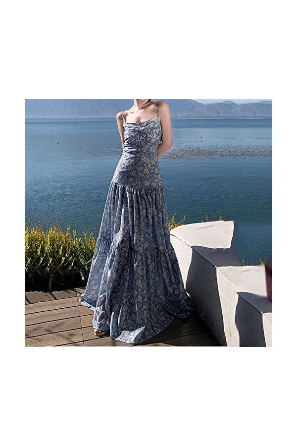 SDFGH Exponny-Back Klänning Kvinnlig Blomma Axelklänning Kuststrand kjol Klänning Midja Och Fotled Color : D, Size : L 