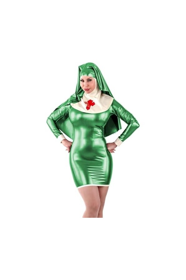 JQYTEN Sexy nonne fantaisie Cosplay Costume ensemble brillant PVC cuir à manches longues moulante Mini robe avec foulard col 