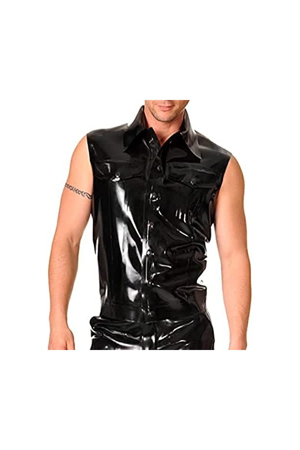 Débardeur Sexy En Latex Noir Avec Boutons Avant Poches Sans Manches Chemise En Caoutchouc Top Vêtements,Vert Jade,XL