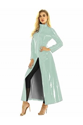 Long Sleeve PVC Pleated Front Zipper Ladies Costume Pull The Wind Dress,Dark Purple,S