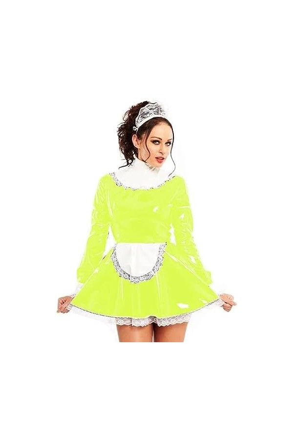Robe en Dentelle PVC, Uniformes Lolita en Caoutchouc, Robes avec Tablier, Robe De Cosplay Sexy, Femme De Chambre,Vert Foncé,L