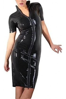 IDOBLO Mini Robe Noire Sexy en Latex avec Manches Courtes Et Fermetures À Glissière Complètes sur Le Devant Robe Moulante en 