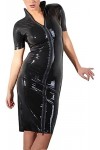IDOBLO Mini Robe Noire Sexy en Latex avec Manches Courtes Et Fermetures À Glissière Complètes sur Le Devant Robe Moulante en 