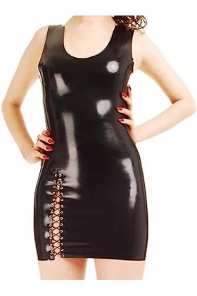 ANTIY Robes Noires Sexy en Latex sans Manches avec Col Rond Laçage À lavant Bas Fermeture Éclair Dos en Caoutchouc Moulante 