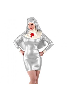 JQYTEN Sexy nonne fantaisie Cosplay Costume ensemble brillant PVC cuir à manches longues moulante Mini robe avec foulard col 
