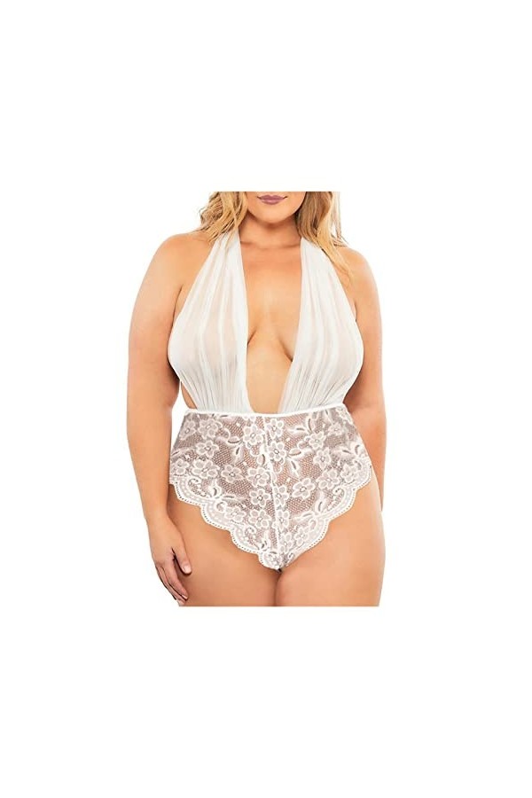 LEIGE Lingerie Plus Taille Sous-vêtements Femmes Sheer Dentelle Deep V Sexy BodySuit Halter Color : B, Size : M code 