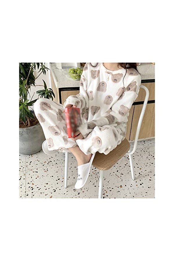 STRAW Amoureux corail velvet costume costume rond cou de nuit imprimé ours 2pcs chemise et pantalons pyjamas set occasionnel 