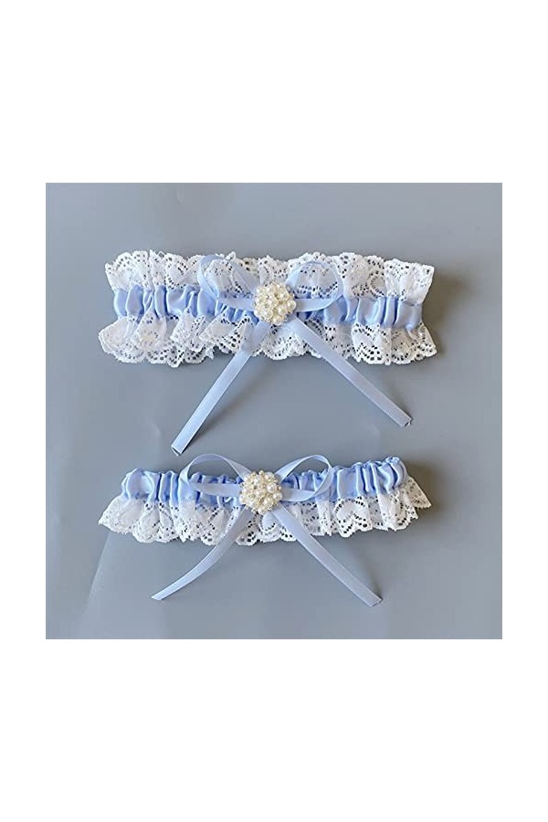 Jarretière de mariée en dentelle et perles bleues avec décoration de mariée couleur : bleu clair 2, taille : 38,1 à 58,4 cm 