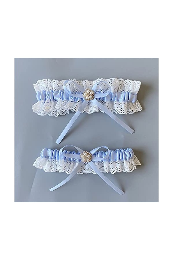 Jarretière de mariée en dentelle et perles bleues avec décoration de mariée couleur : bleu clair 2, taille : 38,1 à 58,4 cm 