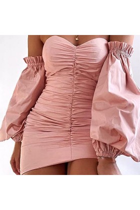 CHYSP Robes de Mode pour Le Cou à Un Mot pour Femmes Se Plie des Plis Sexy Lanterne Manche Tube Robe Robes dété Robes dété 