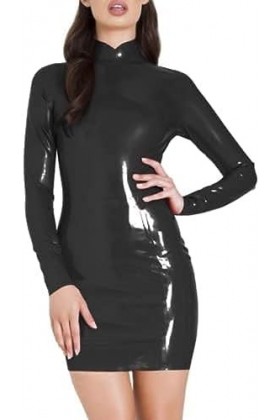 IDOBLO Robe Dété en Latex pour Femmes À Manches Longues,Noir,3XL