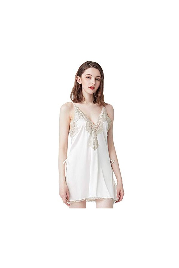 Peignoir Sexy One-Piece Pyjamas Femmes Dété Soie Satin Mince Dentelle Pyjamas Home Wear Dos Nu Sling Blanc XL 