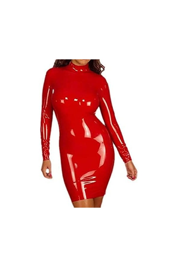 Robe Latex 100% Caoutchouc Manches Longues Mini Jupe Rouge Costume 0.4 Mm,Comme Montré,S