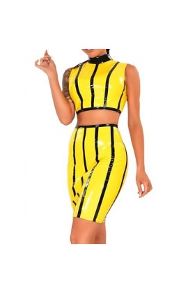 Haut court sans manches en latex avec fermeture éclair à larrière jupes en caoutchouc, femme XS, noir avec jaune