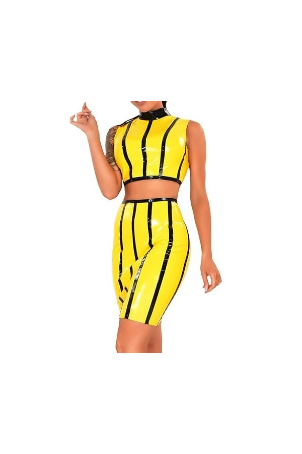 Haut court sans manches en latex avec fermeture éclair à larrière jupes en caoutchouc, femme XS, noir avec jaune