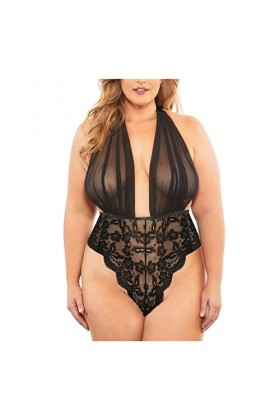 HOUKAI Lingerie Plus Taille sous-vêtements Femmes Sheer Dentelle Deep V Sexy Bodysuit Halter Color : B, Size : S Code 