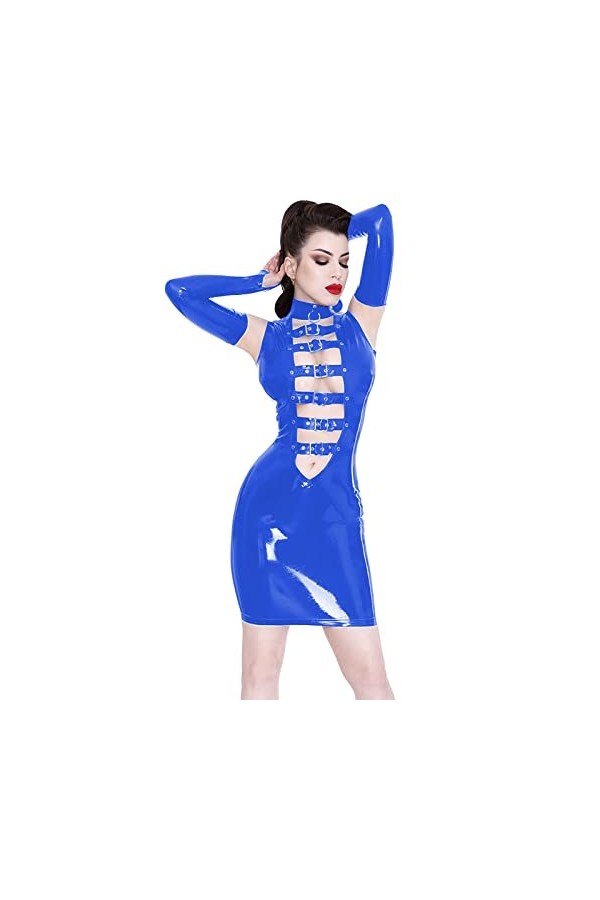 Mini robe gothique à boucle pour femme - Robe sexy en PVC effet mouillé avec mitaines - Costume de fête punk - Taille 7XL - B