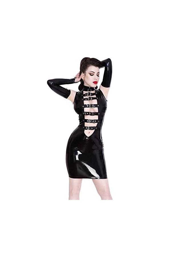 Mini robe gothique à boucle pour femme - Robe sexy en PVC effet mouillé avec mitaines - Costume de fête punk - Taille 7XL - B