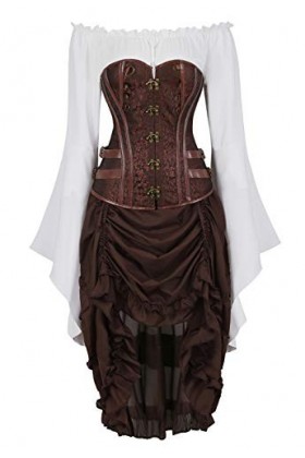 yumeng Corset en jacquard steampunk en cuir synthétique avec jupe et chemisier pirate 3 pièces couleur : marron, taille : 16