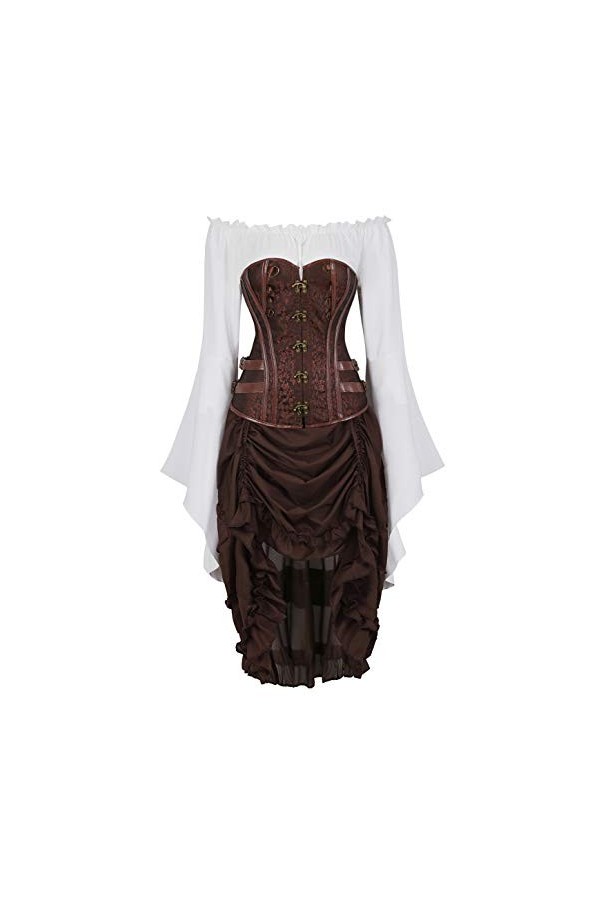 yumeng Corset en jacquard steampunk en cuir synthétique avec jupe et chemisier pirate 3 pièces couleur : marron, taille : 16